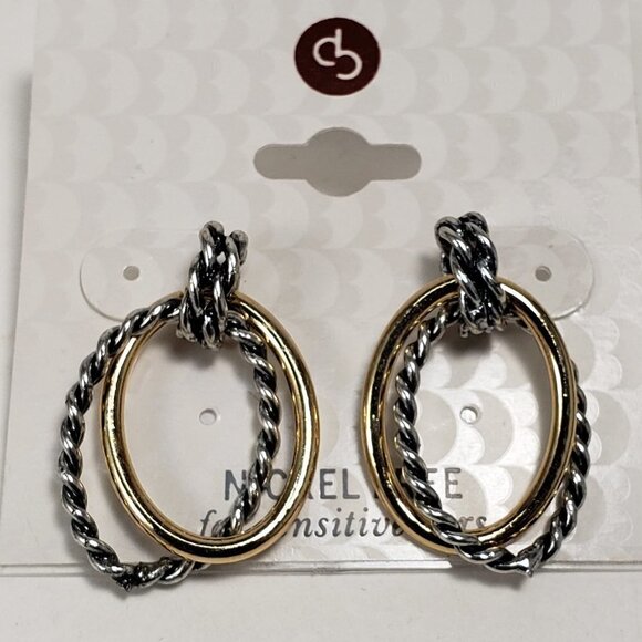 Women's Stylish Dual-Tone Polished Twisted Hoops Design Post Teardrop Earrings - Picture 1 of 6